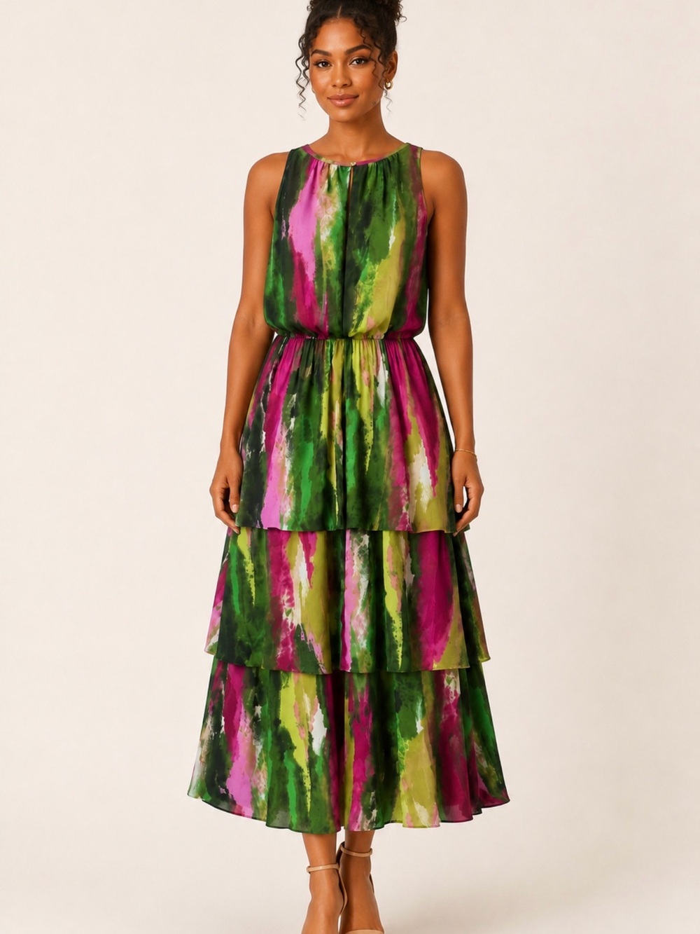 Donna Ricco Watercolor Tiered Maxi Dress in Green & Magenta